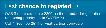 Last chance to register! OASIS members save $300 on the standard registration rate using priority code GARTMP3  Call 1 866 405 2511 or visit gartner.com/us/bi